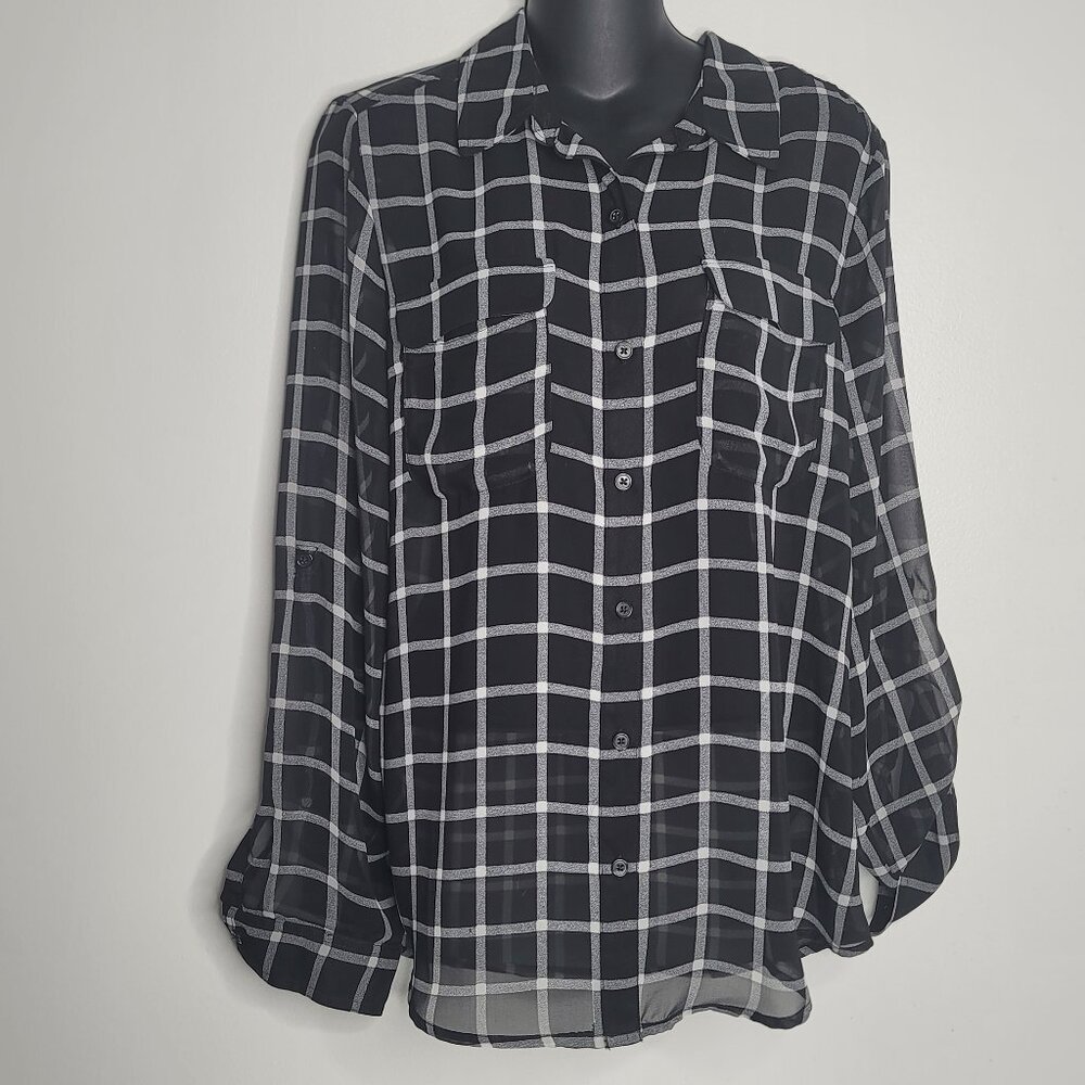 Old Navy Women’s Large Sheer Blouse NEW Windowpane Black White Long Sleeves